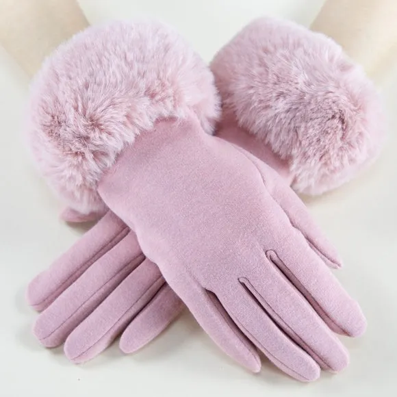 Faux Fur Detail Gloves - Blush