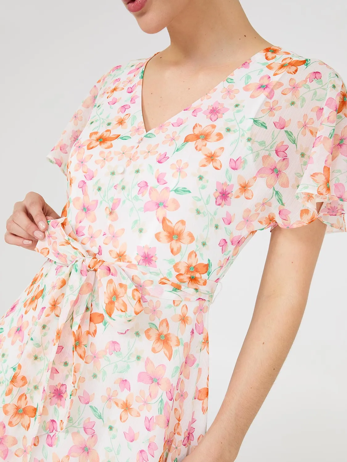 Floral Print Chiffon Handkerchief Hem Dress