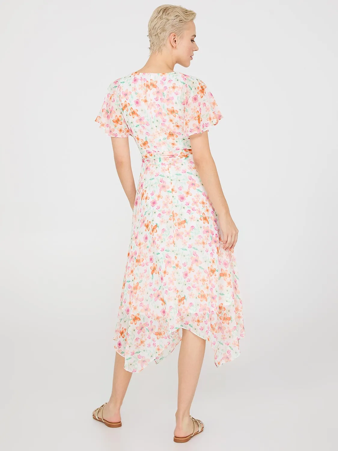 Floral Print Chiffon Handkerchief Hem Dress