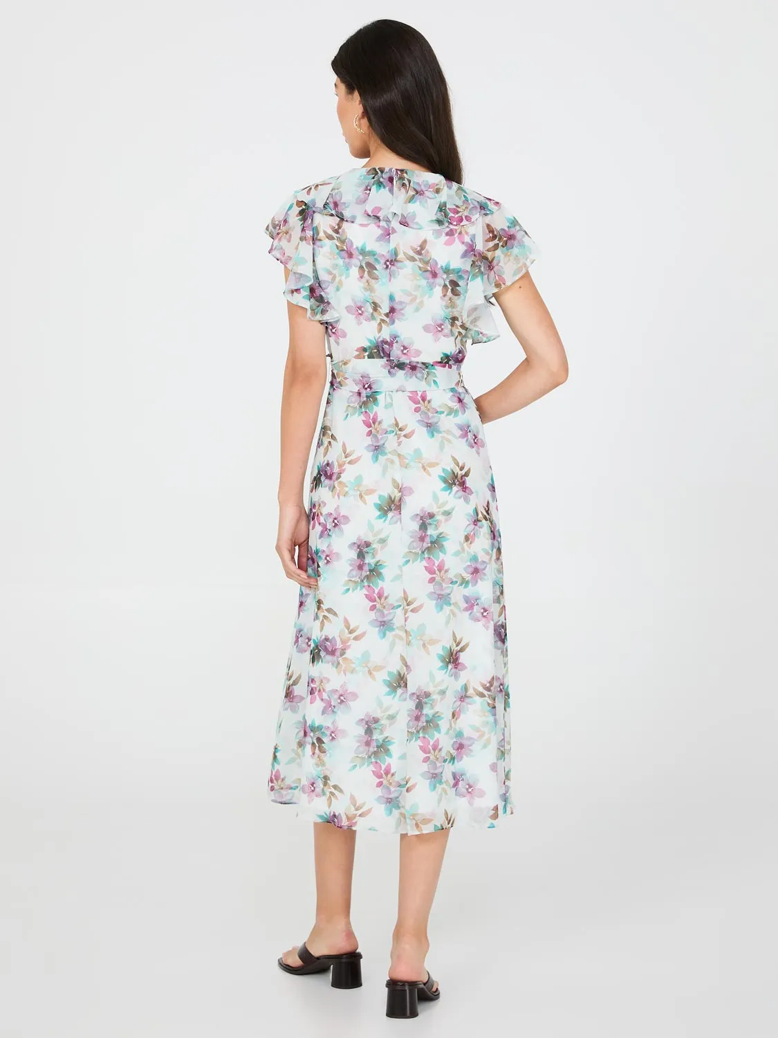 Floral Print Chiffon Midi Dress With Ruffle Details