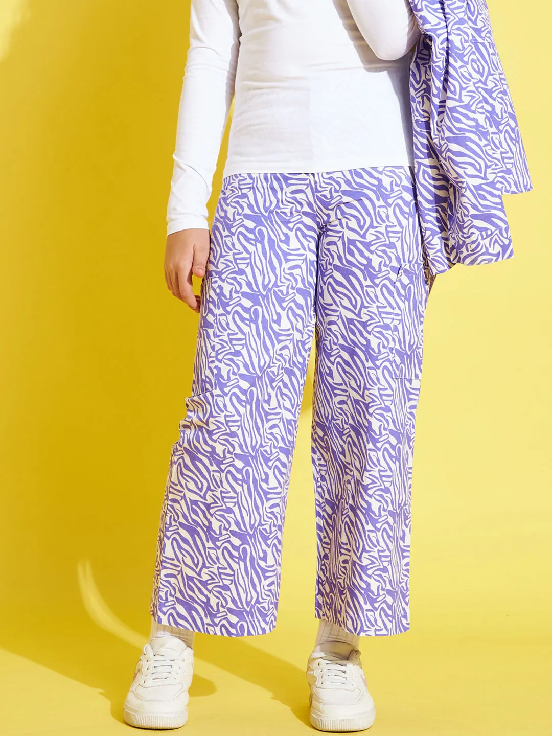 Girls Lavender & White Twill Abstract Waves Straight Pants