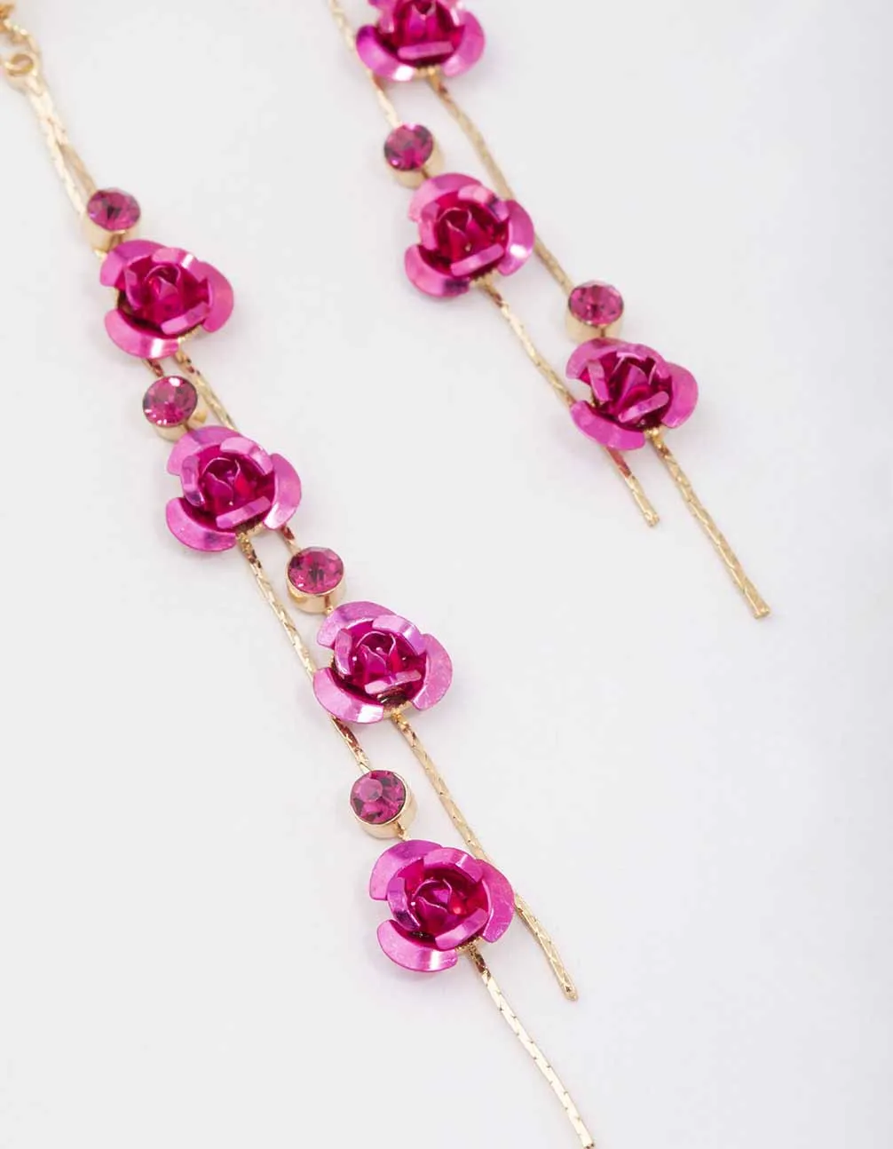 Gold Climbing Hot Pink Rose Drop Earrings