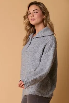 Gray Knit Collared Pullover Sweater with Button Detailing