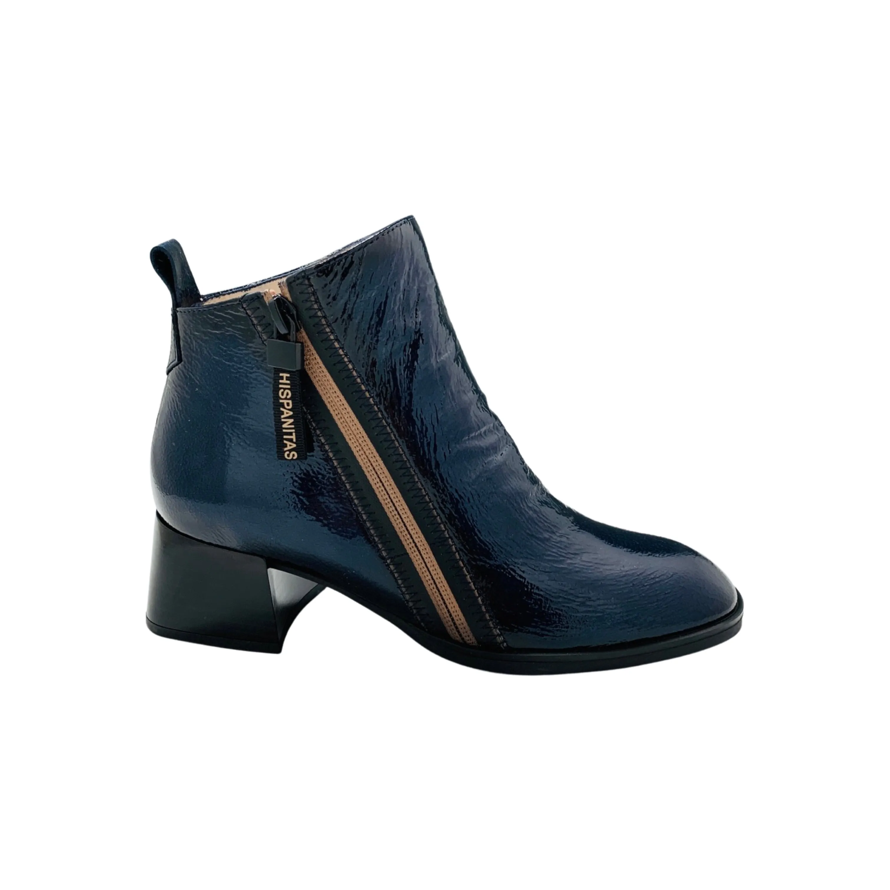 HI222345 Navy Patent Low Heel Bootie