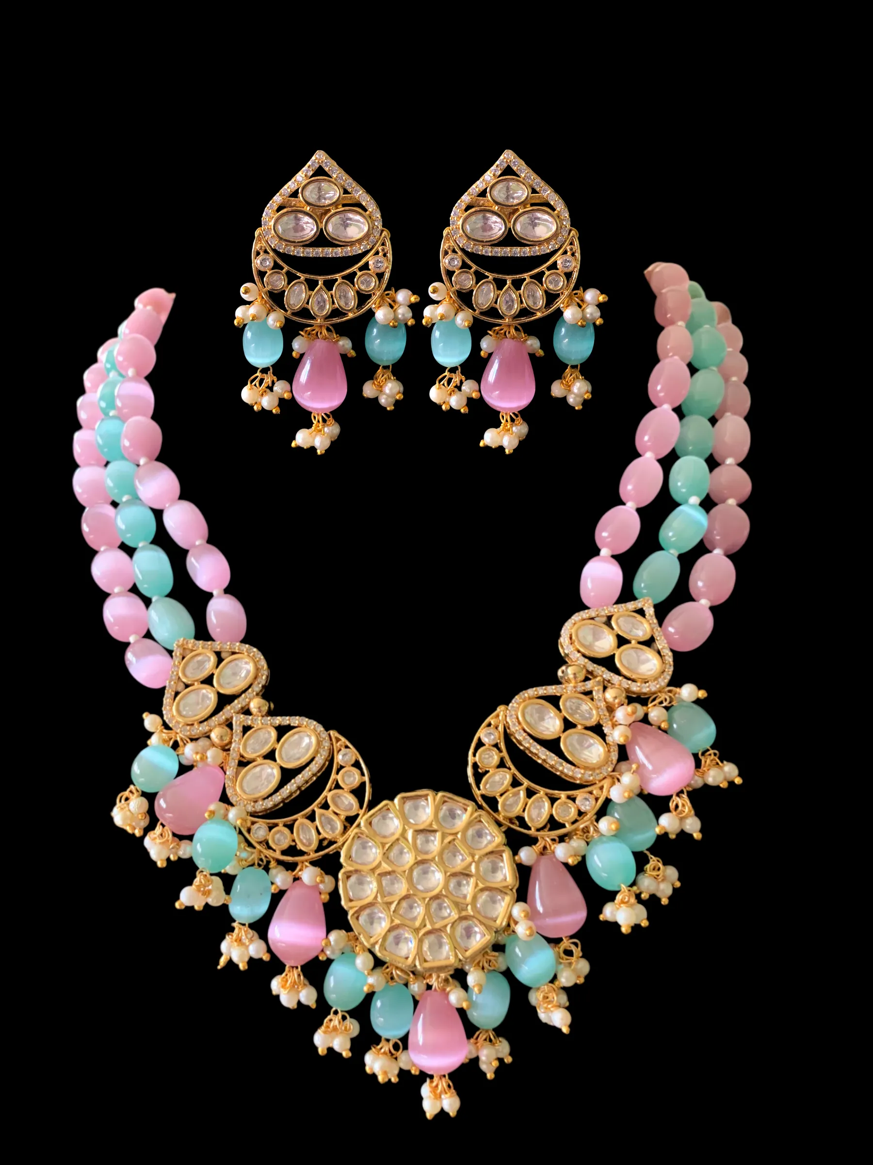 High quality gold plated polki necklace set with tika ( READY TO SHIP)