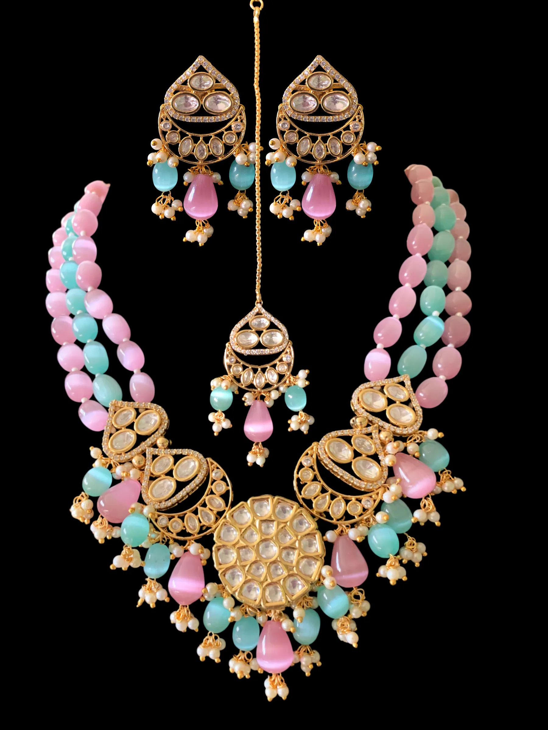 High quality gold plated polki necklace set with tika ( READY TO SHIP)