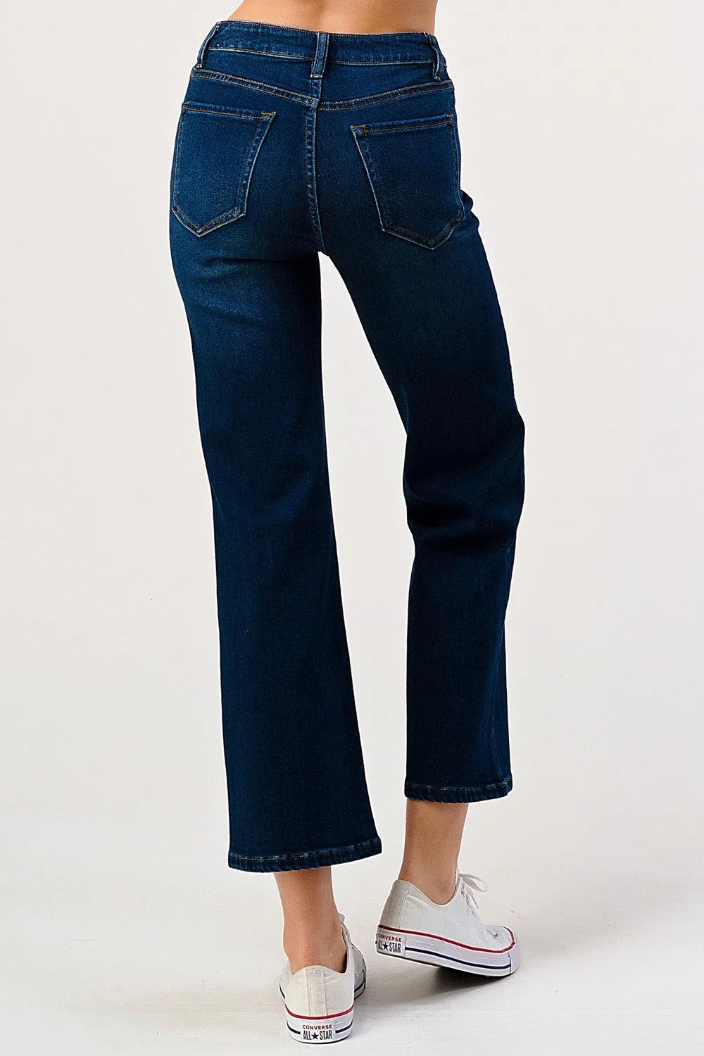 High Rise Dark Washed Cropped Flare Jeans