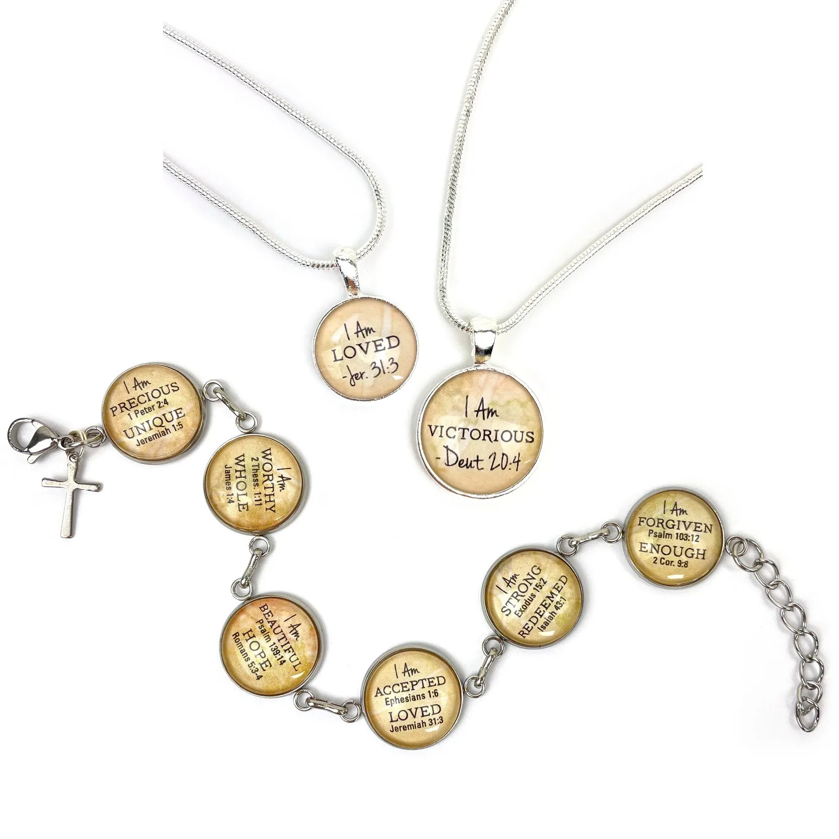 I AM Victorious, Deuteronomy 20:4 – Christian Affirmations Scripture Pendant Necklace (2 Sizes) – Jewelry Set