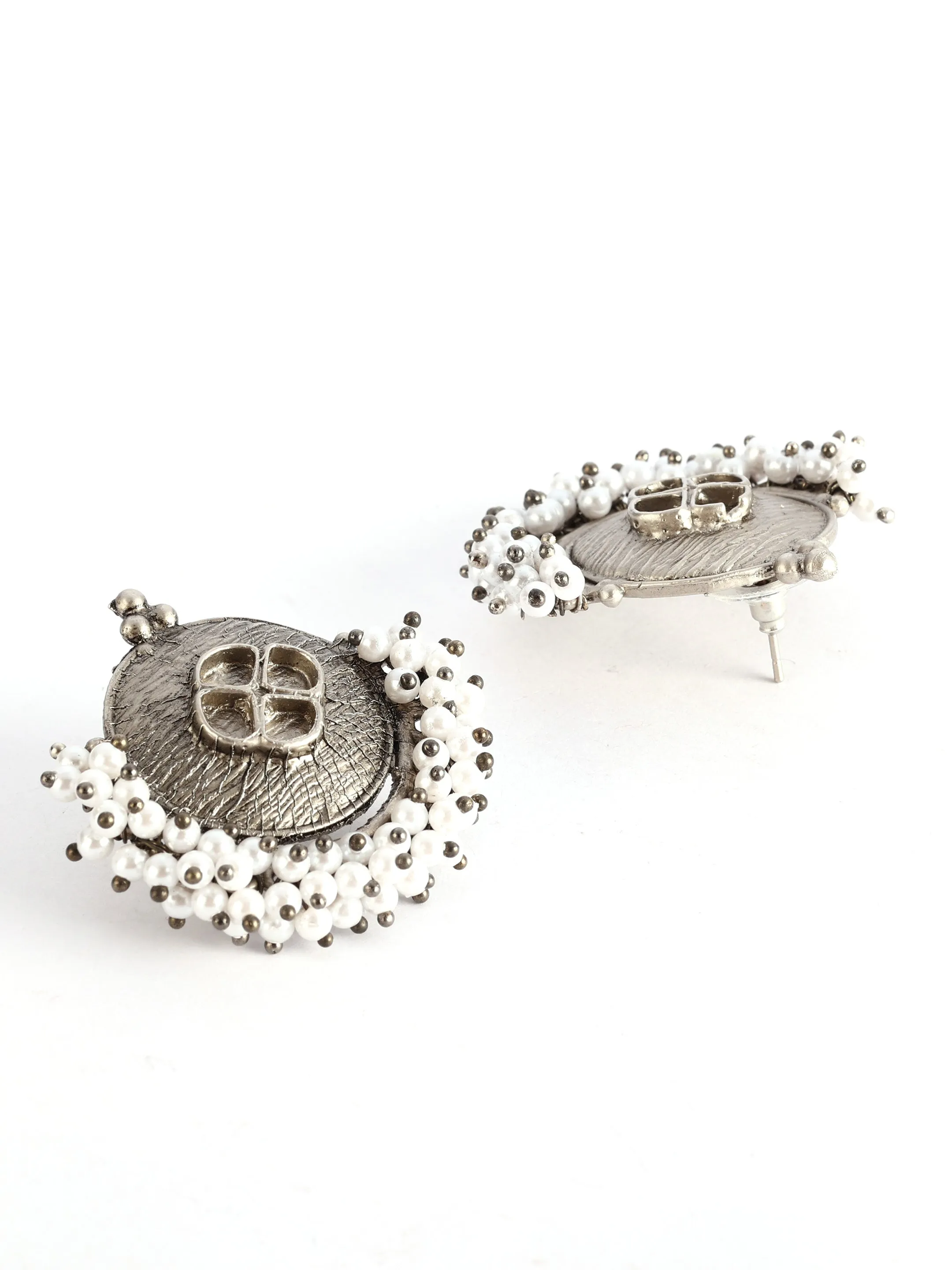 Ishin Oxidised Silver Plated Pearl Circular Stud Earring