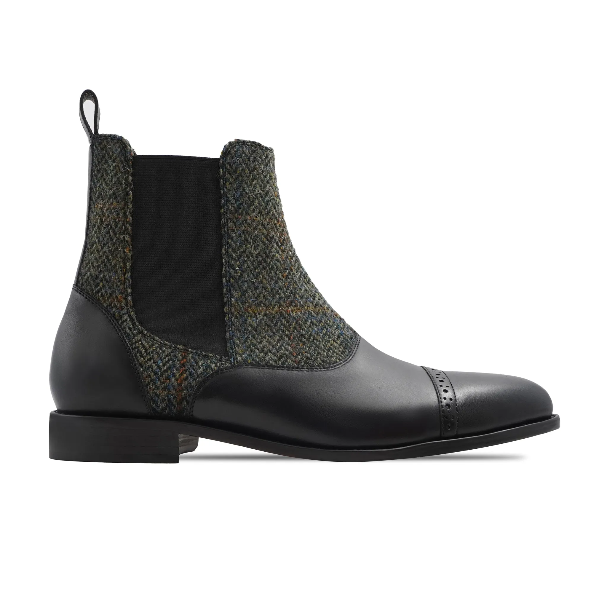 Kempty - Men's Black Calf Leather and Harris Tweed Chelsea Boot