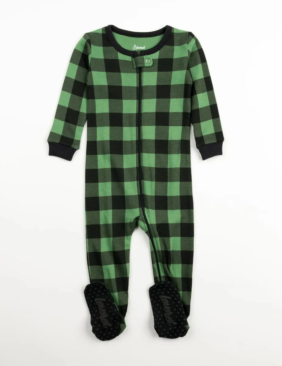 Kid's Footed Black & Green Plaid Pajamas