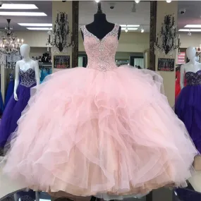 Lace Beaded V Neck Organza Layered Ball Gowns Quinceanera Dresses Pink