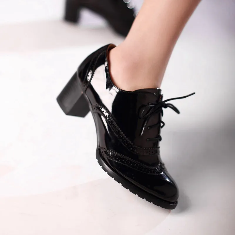 Lace Up Patent Leather Women Chunky Mid Heels Oxford Shoes 8154