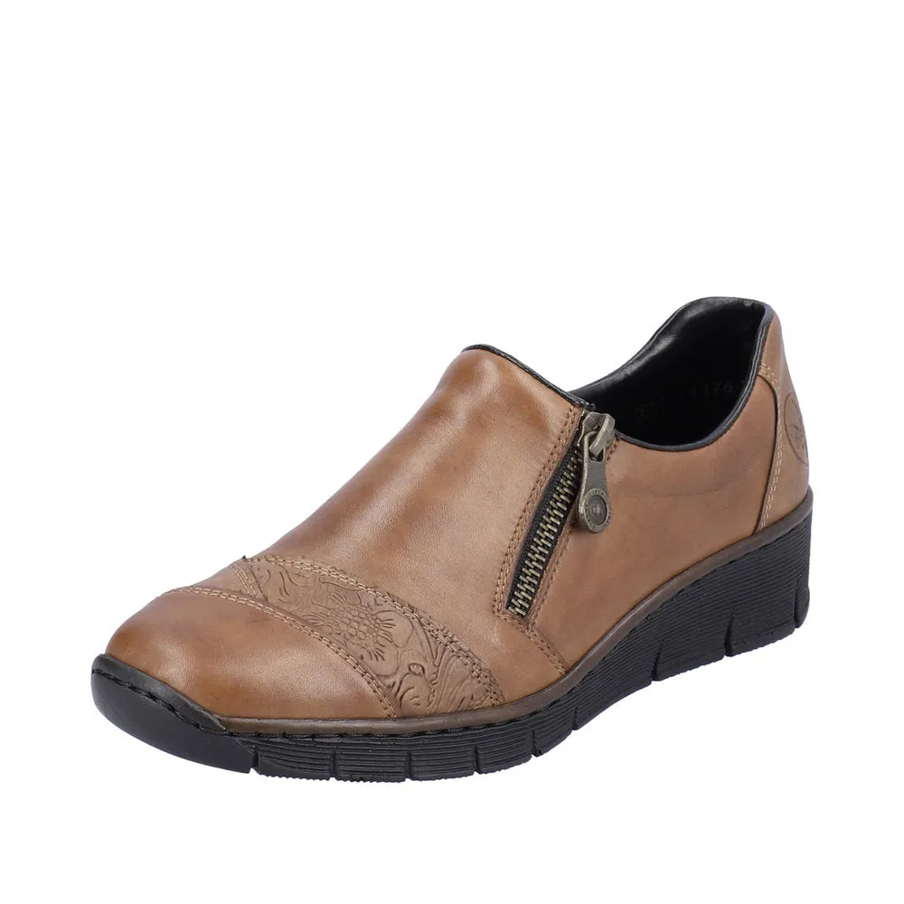 Ladies Rieker Shoes Wedge Heel Zip Brown Multi 53761-24 sale