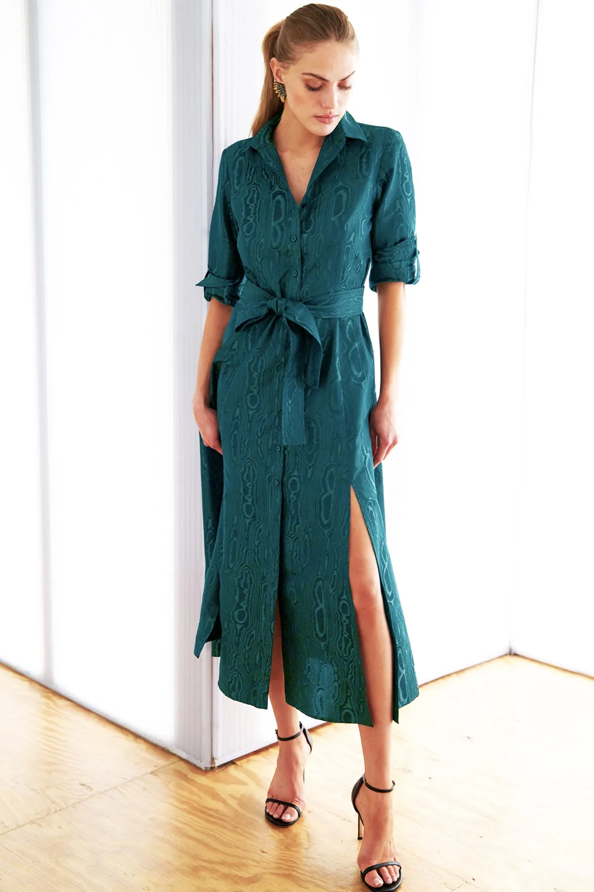 Laine Shirt Dress Emerald Green Moire Jacquard