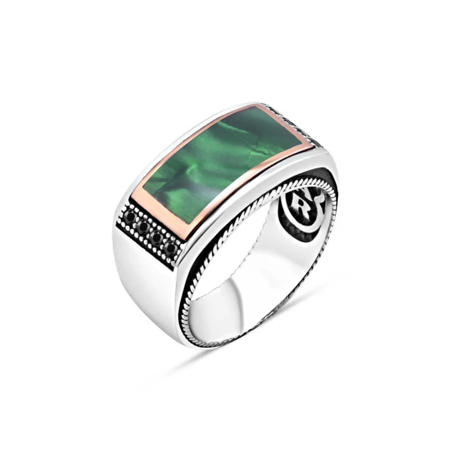 Lank Rectangular Green Enamel with Zircon Stones Curved Silver Men's Ring