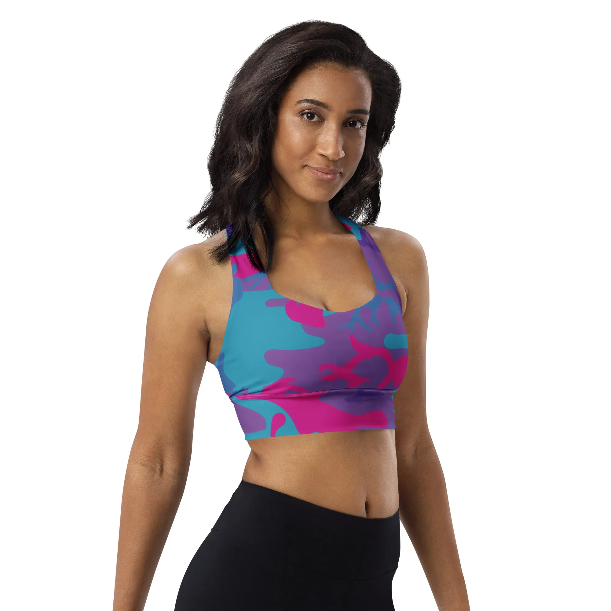 Longline sports bra Teal, Purple and Hot Pink