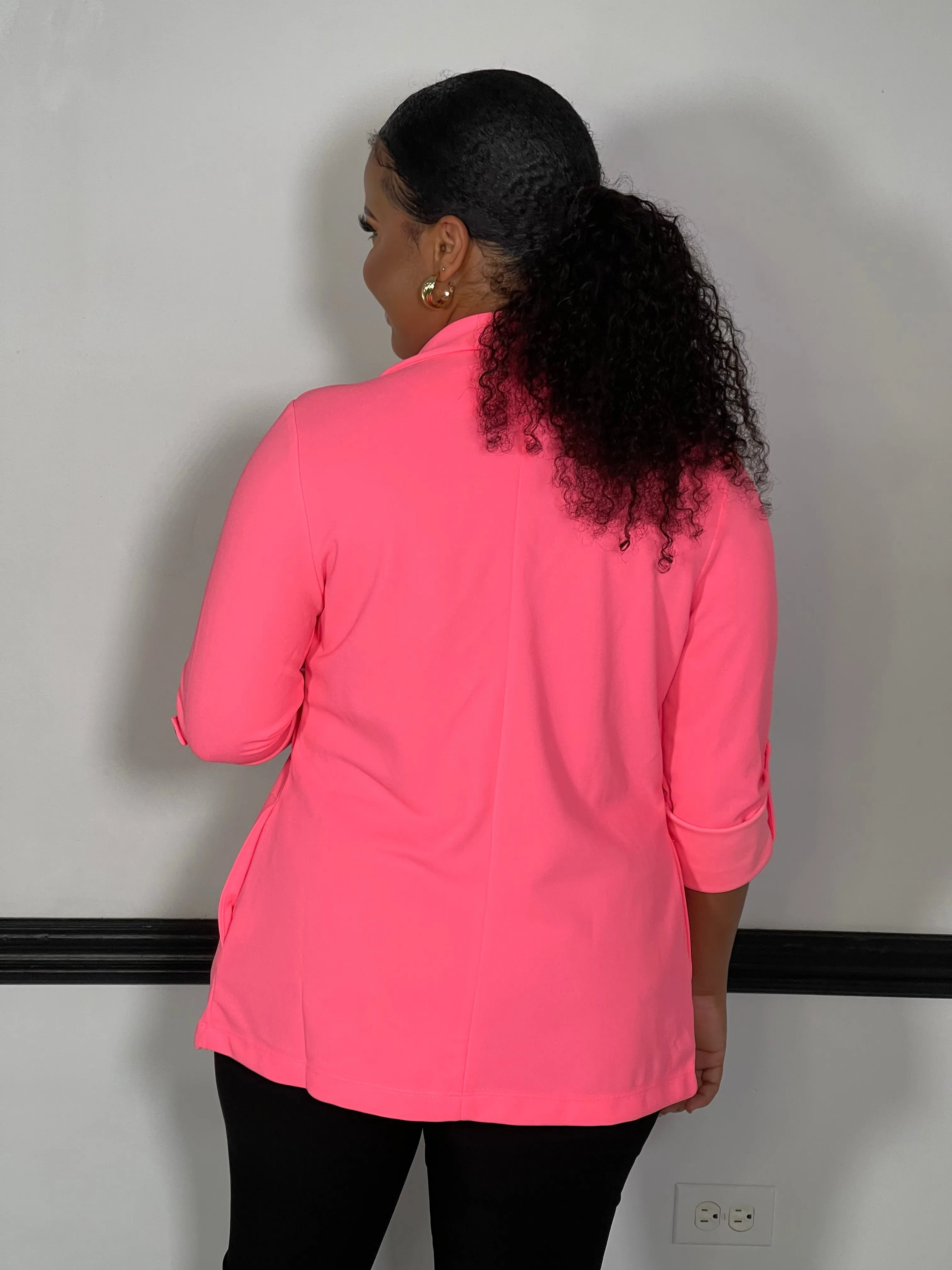 Lourna Buttoned Roll Up Sleeve Jacket-Neon Pink