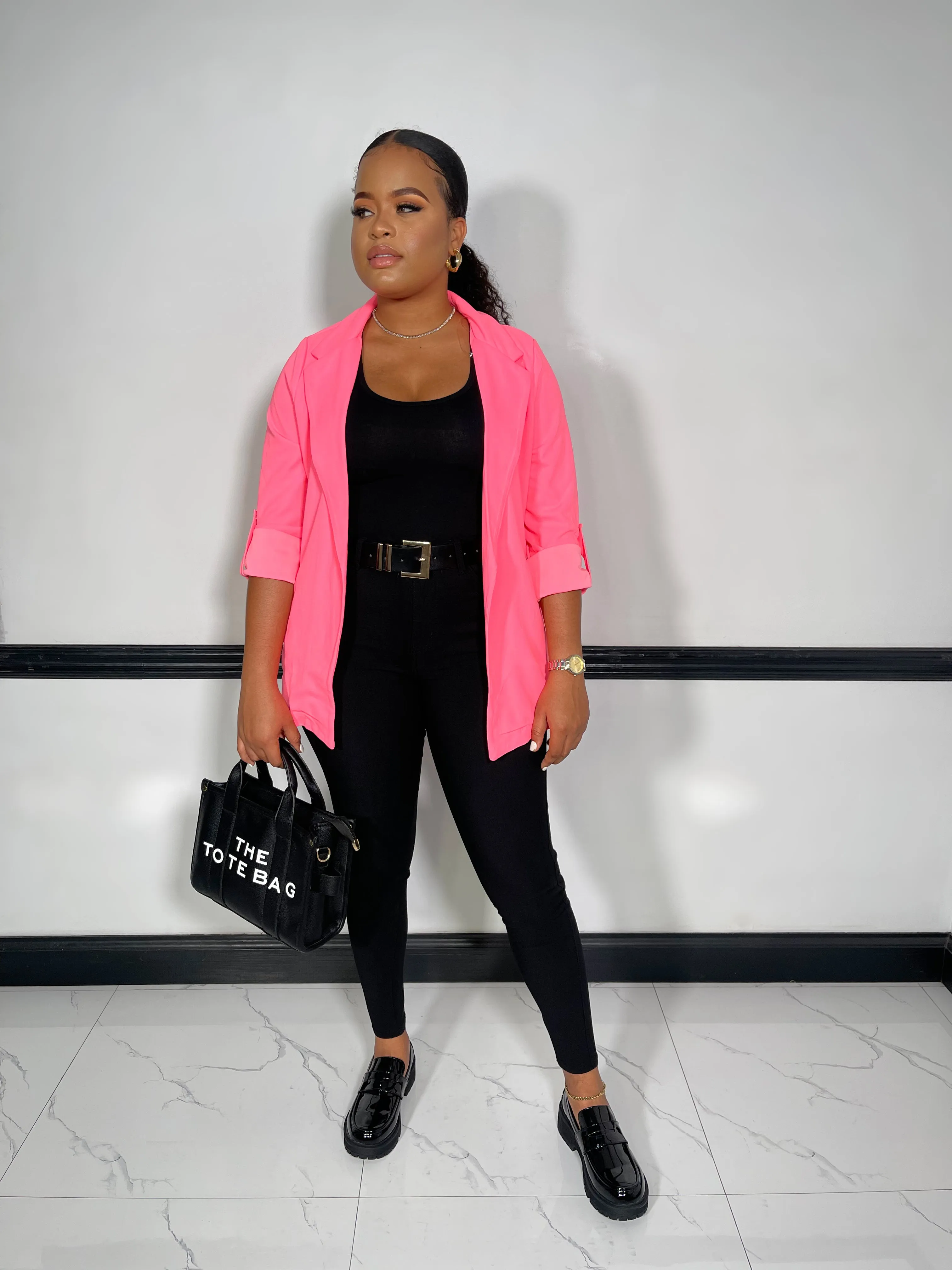 Lourna Buttoned Roll Up Sleeve Jacket-Neon Pink