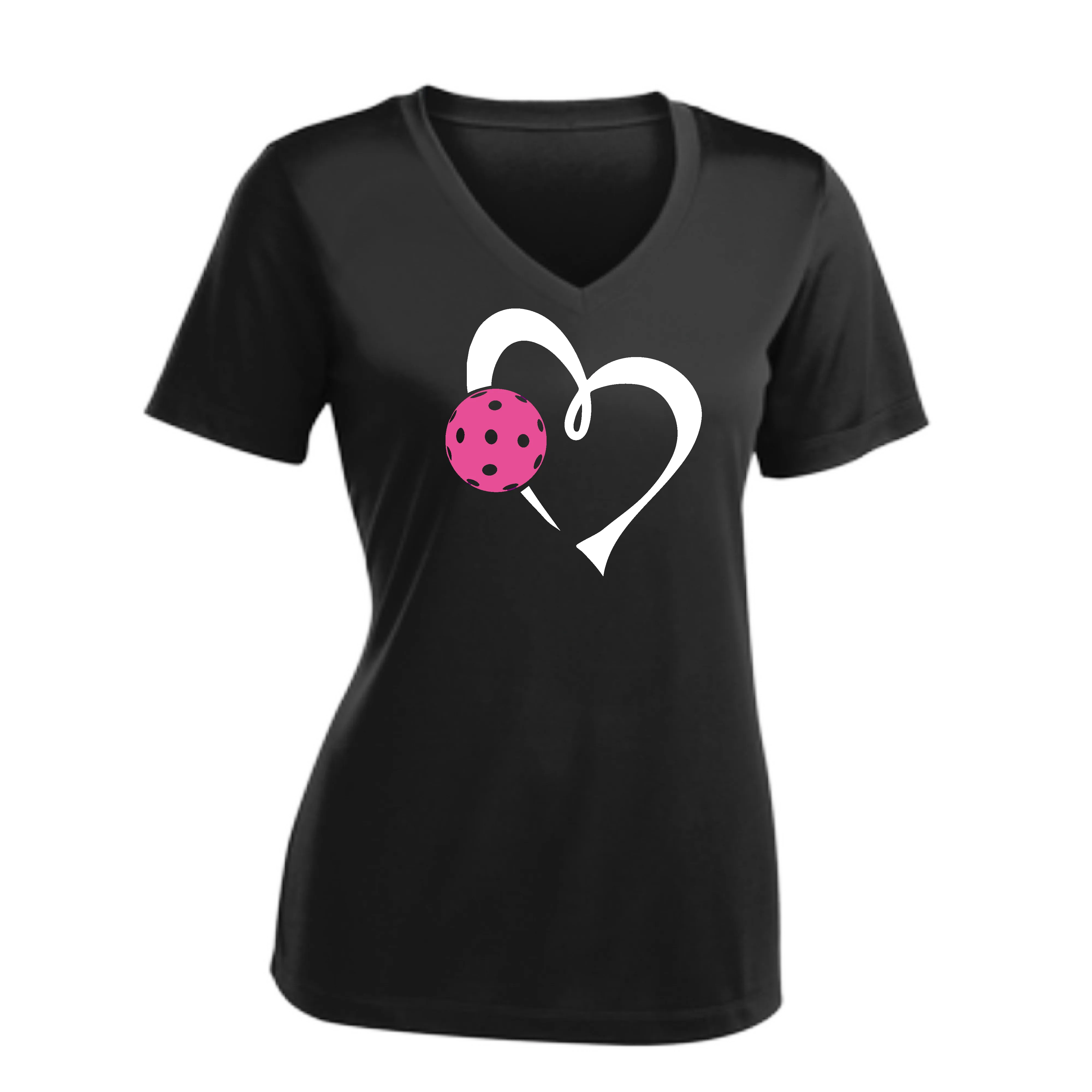 Love Pickleball Heart (Pink) | Women's Short Sleeve V-Neck Pickleball Shirts | 100% Polyester