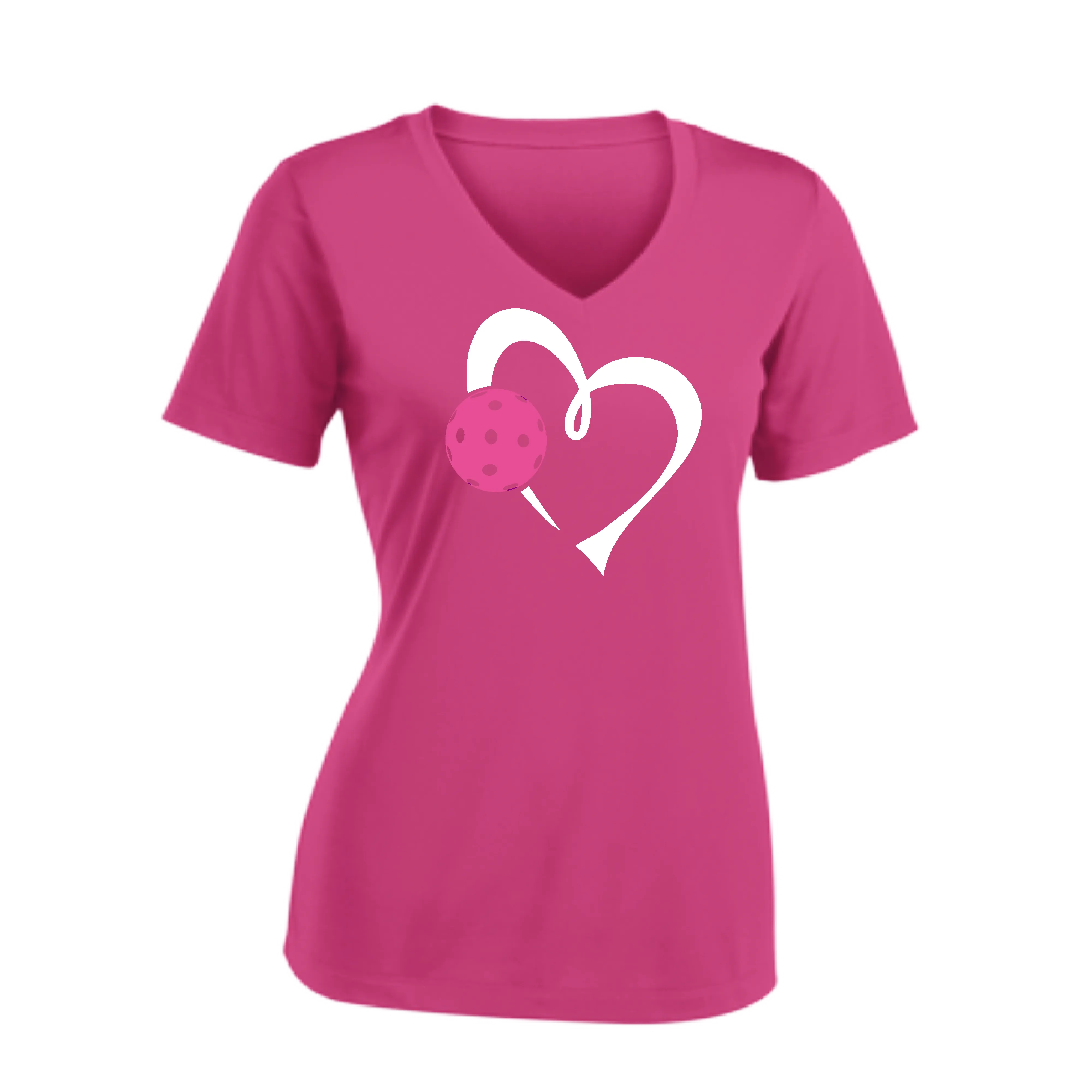 Love Pickleball Heart (Pink) | Women's Short Sleeve V-Neck Pickleball Shirts | 100% Polyester