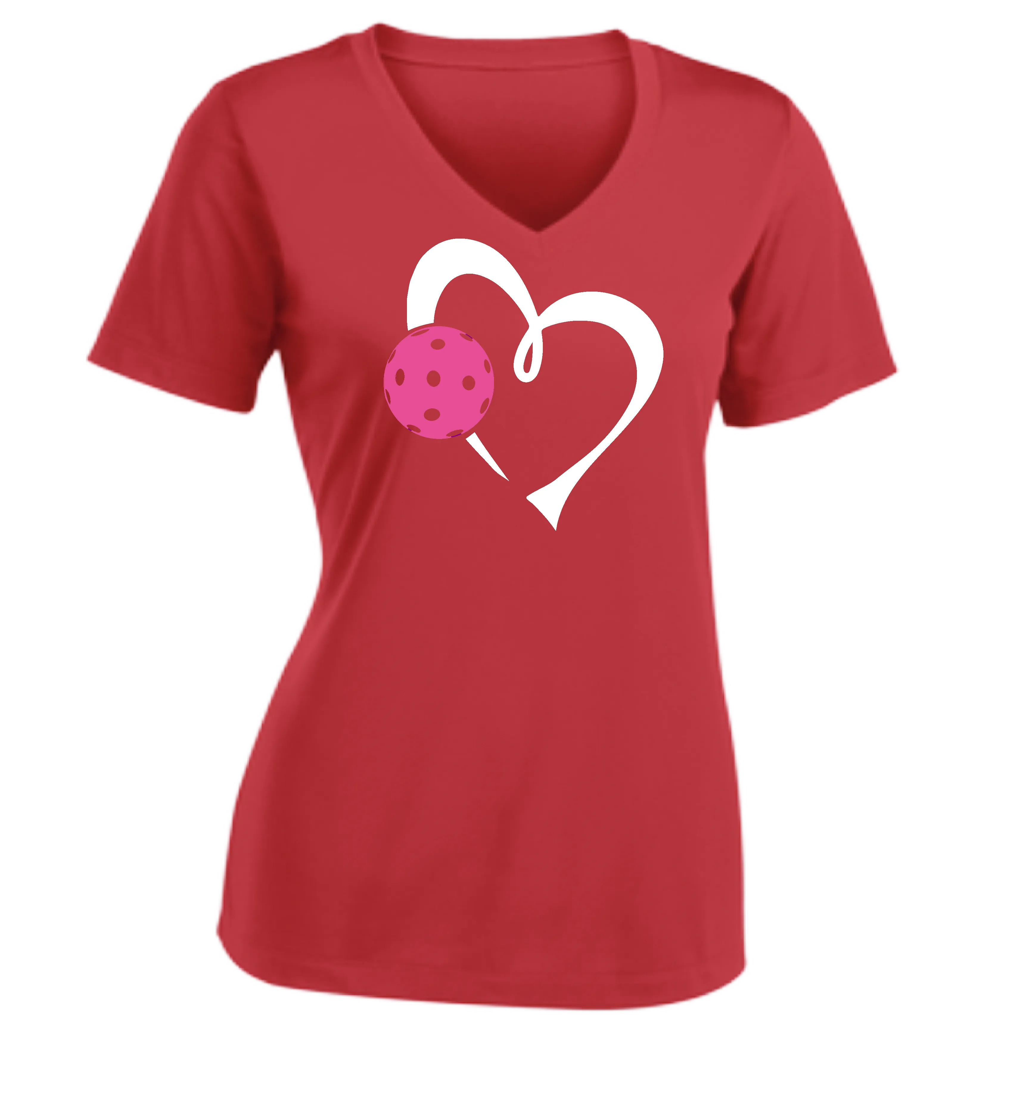 Love Pickleball Heart (Pink) | Women's Short Sleeve V-Neck Pickleball Shirts | 100% Polyester