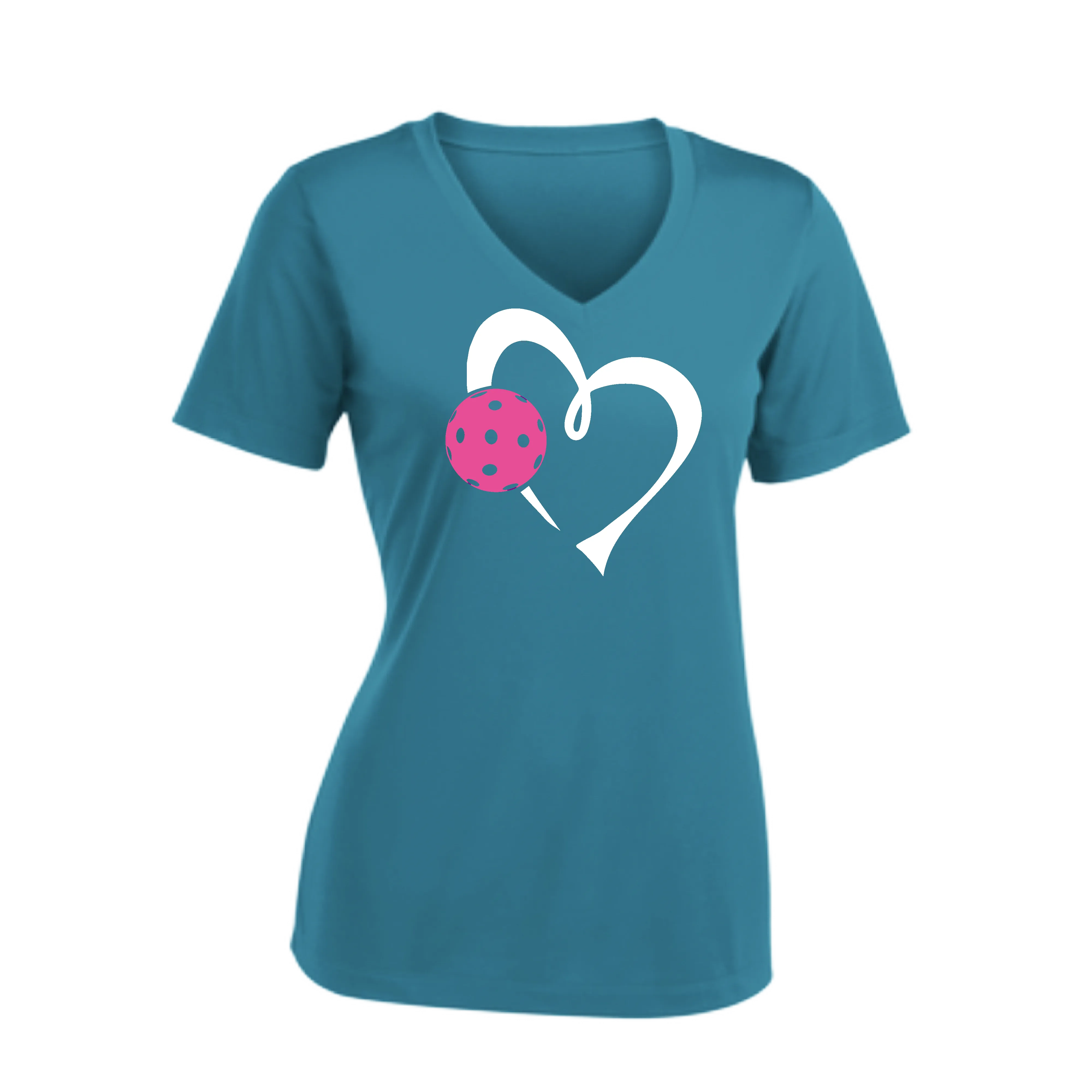 Love Pickleball Heart (Pink) | Women's Short Sleeve V-Neck Pickleball Shirts | 100% Polyester