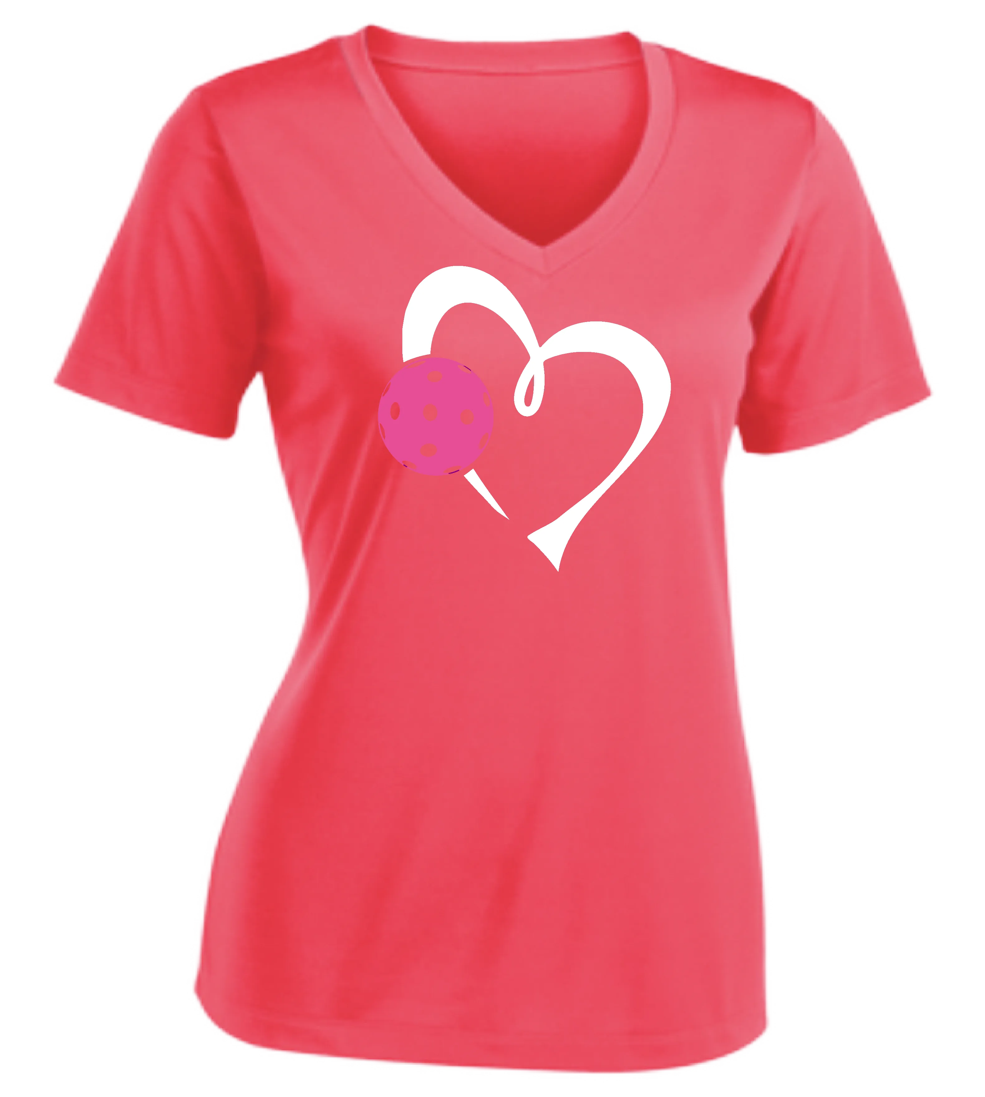 Love Pickleball Heart (Pink) | Women's Short Sleeve V-Neck Pickleball Shirts | 100% Polyester