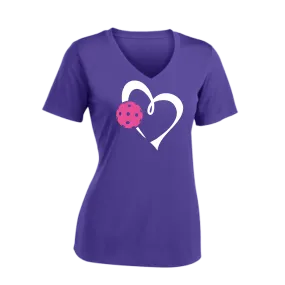 Love Pickleball Heart (Pink) | Women's Short Sleeve V-Neck Pickleball Shirts | 100% Polyester