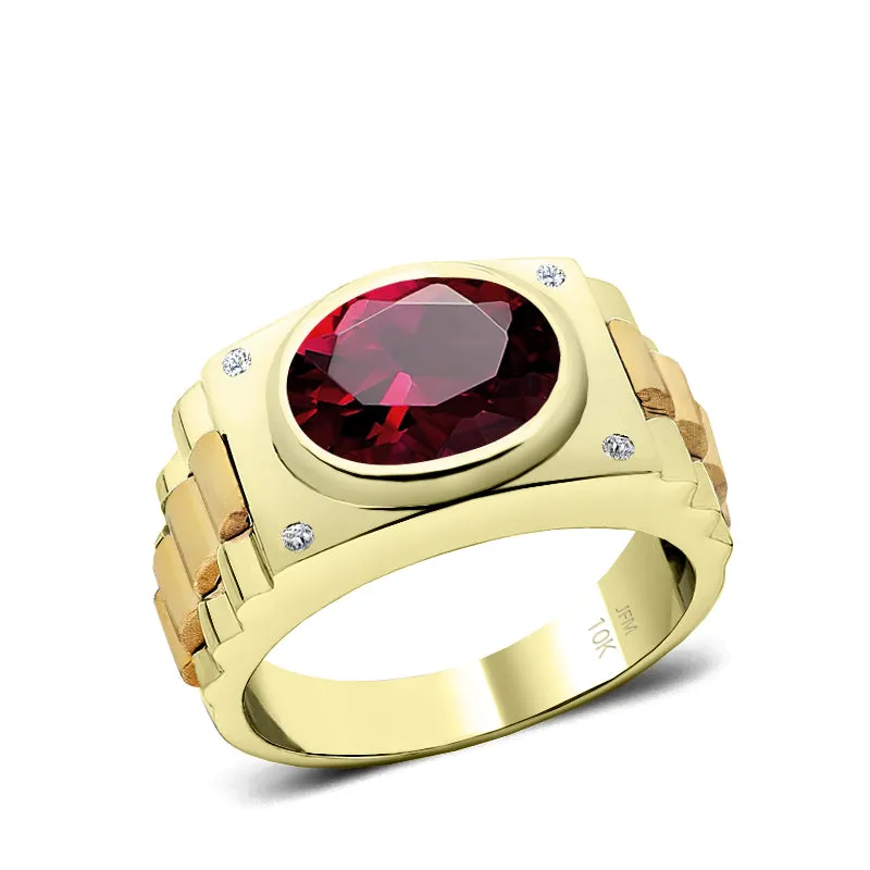 Male Engagement Ring in Solid Gold 0.08ct Natural Diamonds and Oval Ruby 5 Stone Men's Band