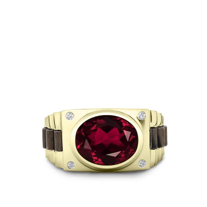 Male Engagement Ring in Solid Gold 0.08ct Natural Diamonds and Oval Ruby 5 Stone Men's Band