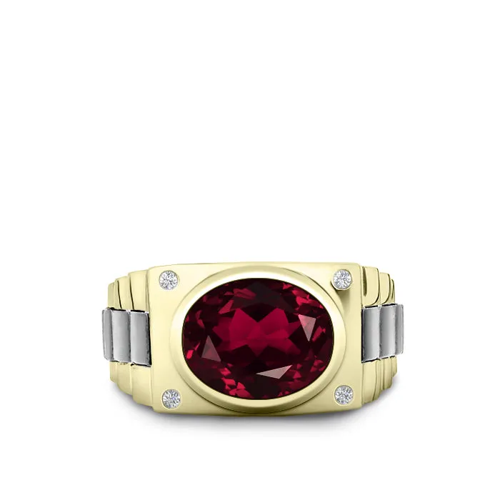 Male Engagement Ring in Solid Gold 0.08ct Natural Diamonds and Oval Ruby 5 Stone Men's Band