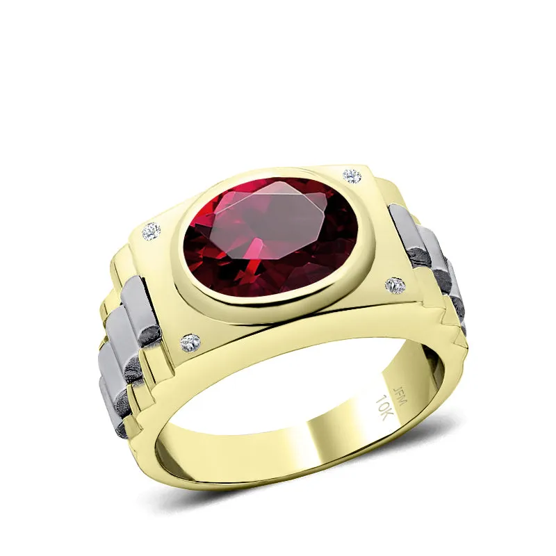 Male Engagement Ring in Solid Gold 0.08ct Natural Diamonds and Oval Ruby 5 Stone Men's Band