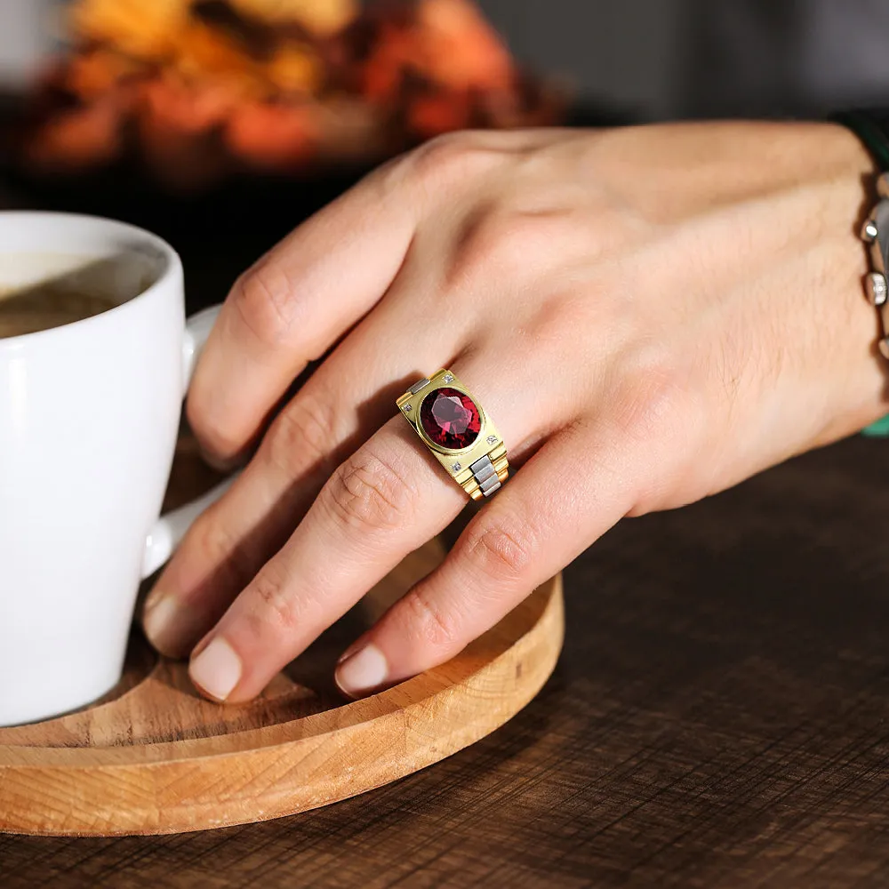 Male Engagement Ring in Solid Gold 0.08ct Natural Diamonds and Oval Ruby 5 Stone Men's Band