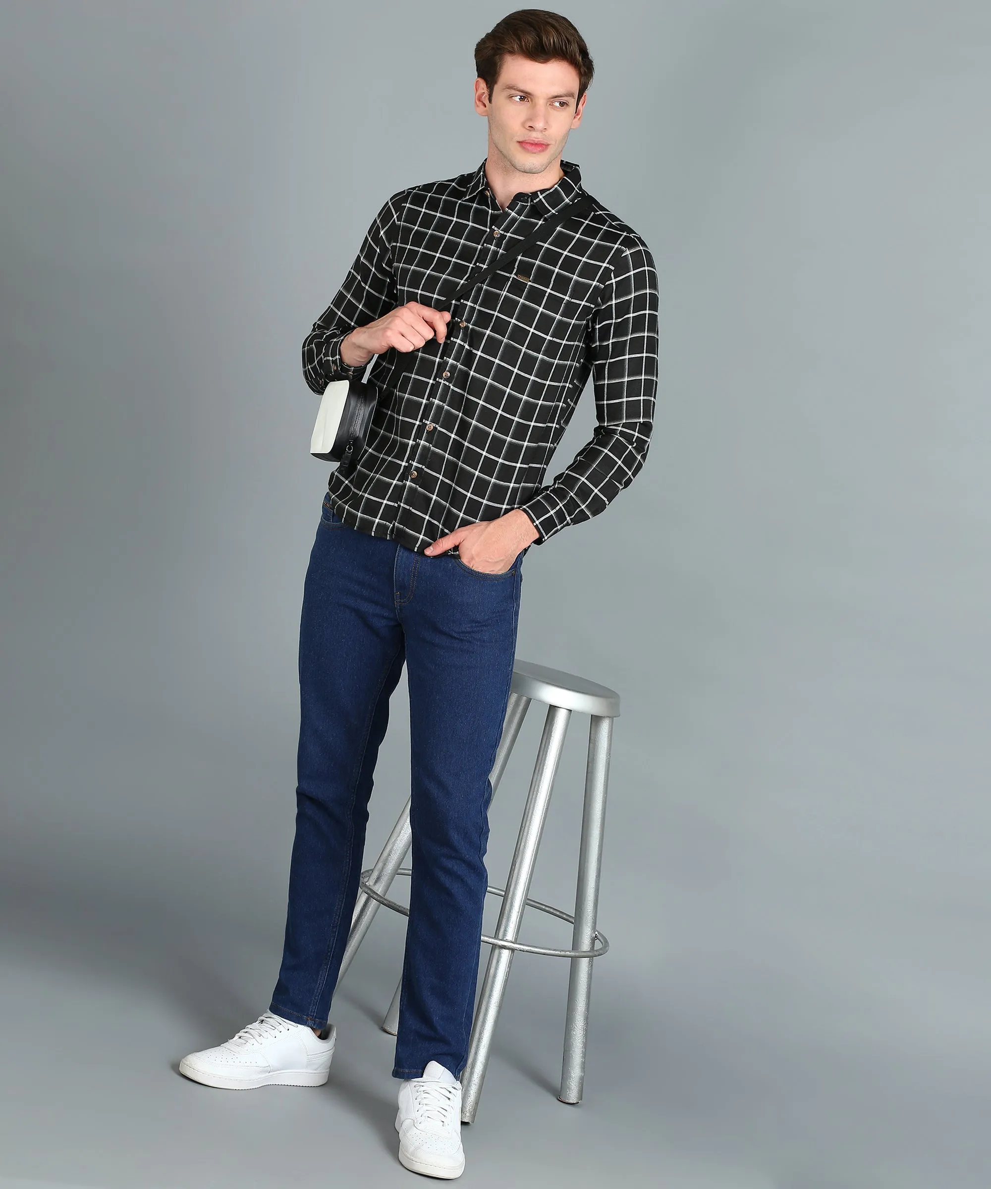 Men's Black Cotton Full Sleeve Slim Fit Casual Checkered Shirt