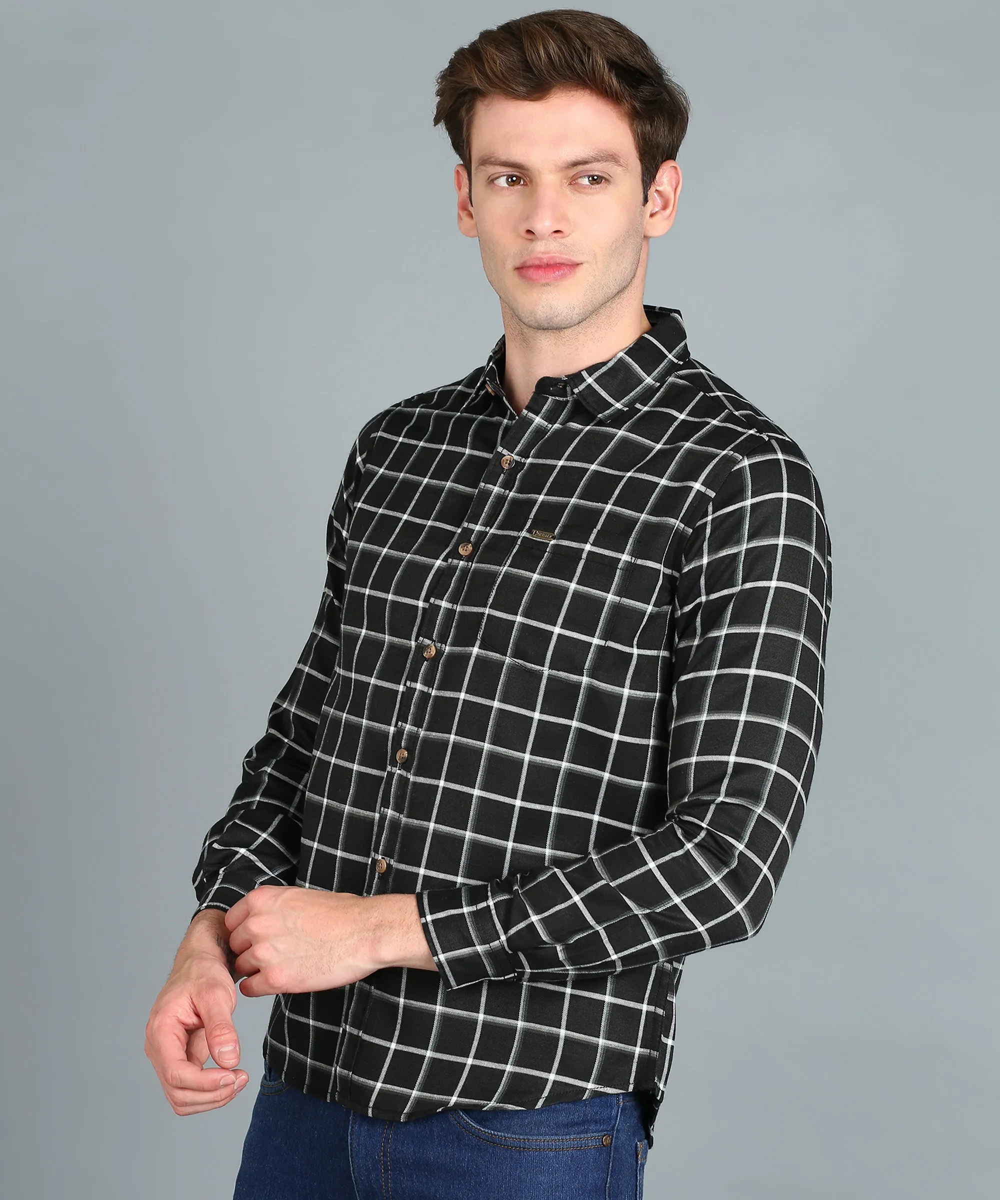 Men's Black Cotton Full Sleeve Slim Fit Casual Checkered Shirt