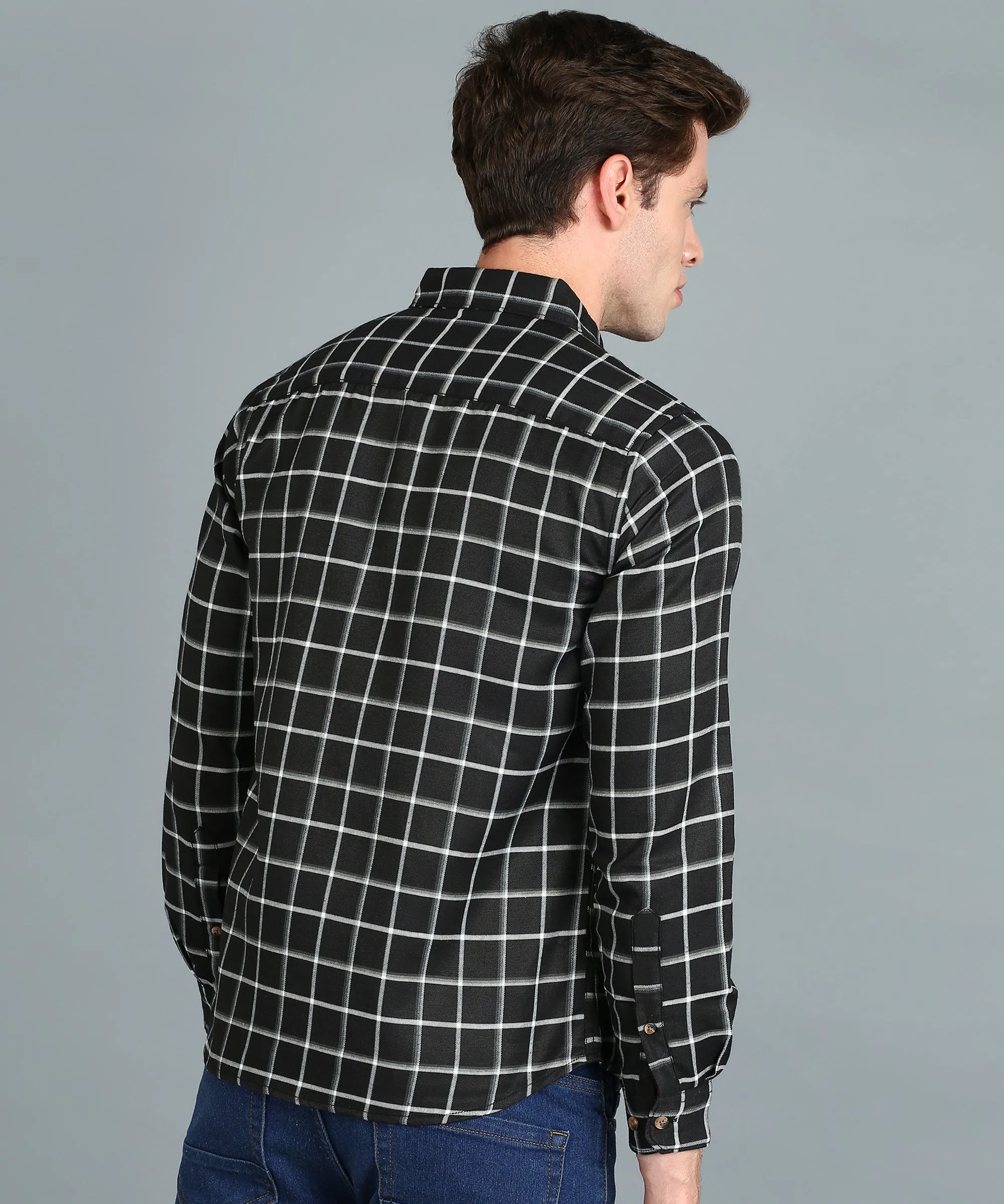 Men's Black Cotton Full Sleeve Slim Fit Casual Checkered Shirt