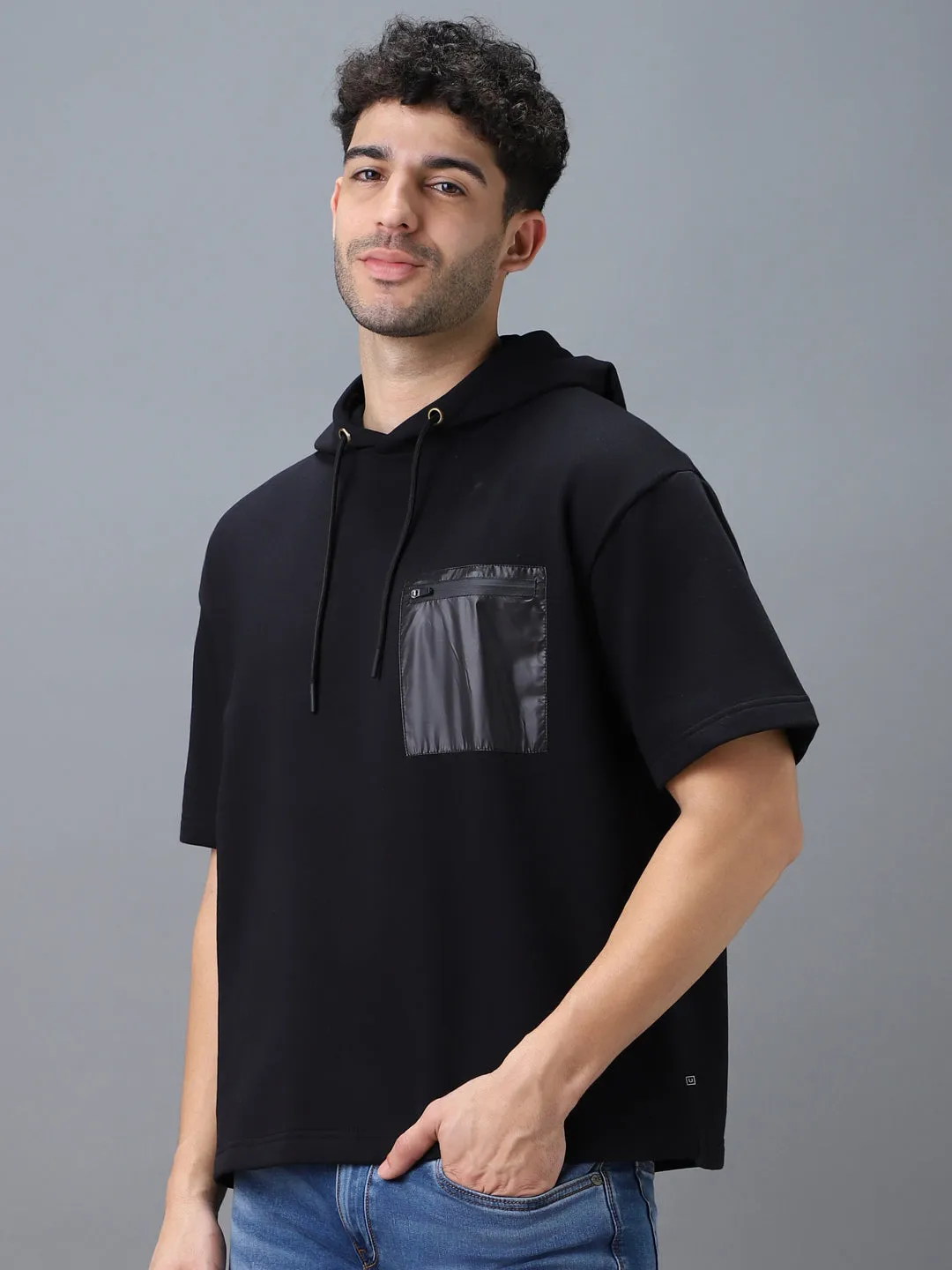 Men's Black Cotton Solid Oversized Hooded Neck Sweatshirt