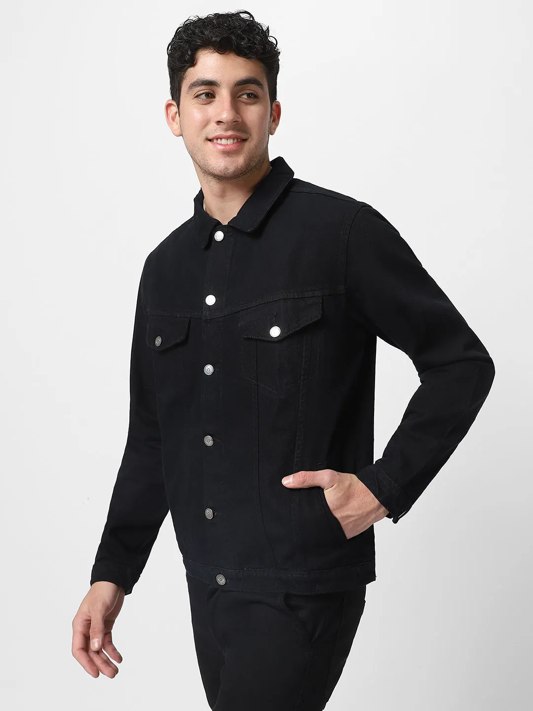 Men's Black Regular Fit Washed Full Sleeve Denim Jacket