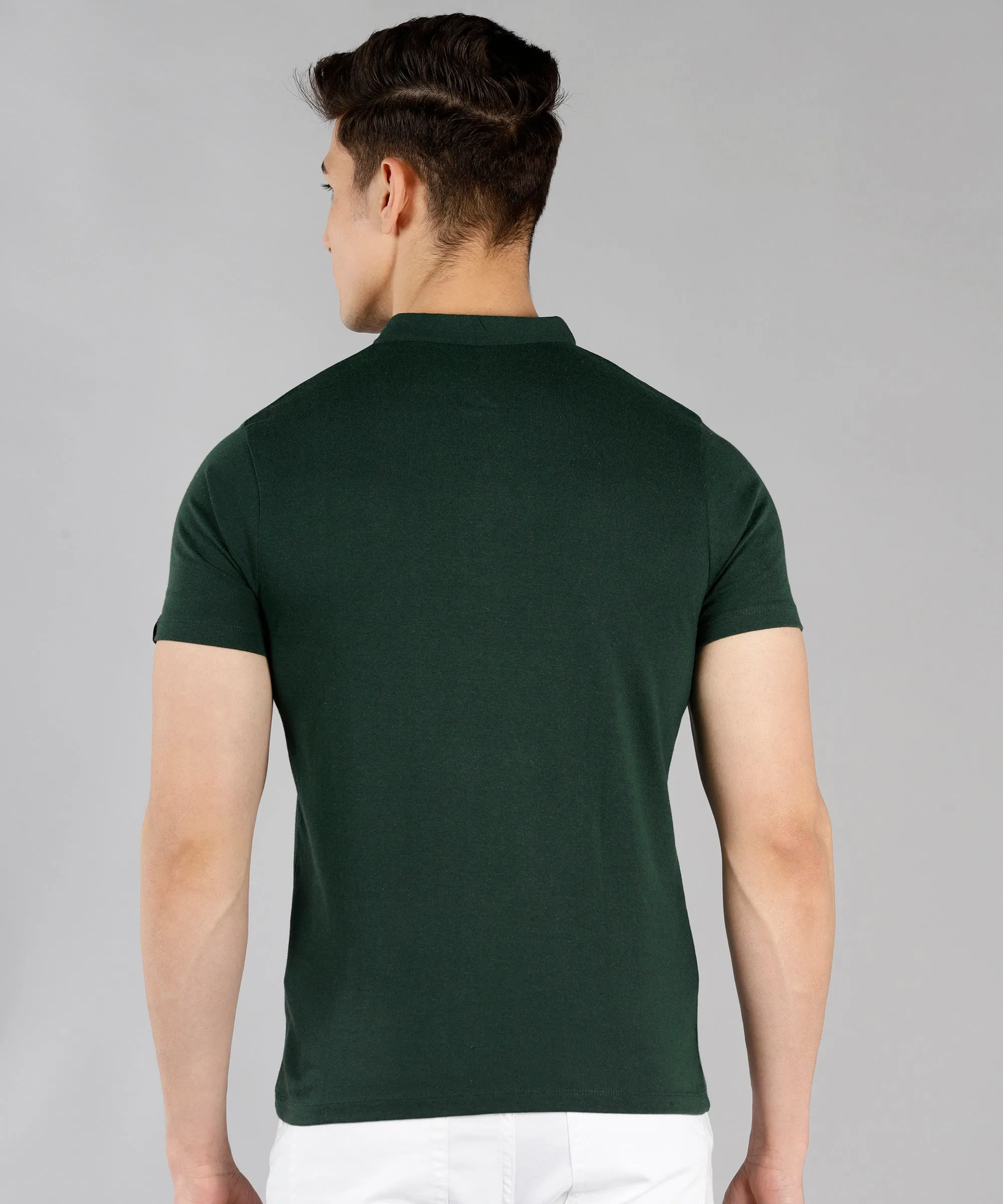 Men's Bottle Green Solid Mandarin Collar Slim Fit Half Sleeve Cotton T-Shirt