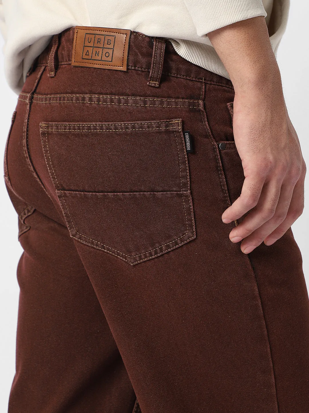 Men's Brown Loose Baggy Fit Washed Jeans Non-Stretchable