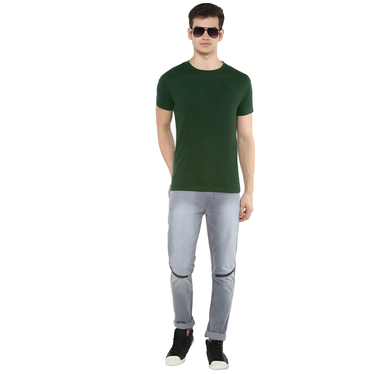 Men's Dark Green Solid Slim Fit Round Neck Cotton T-Shirt