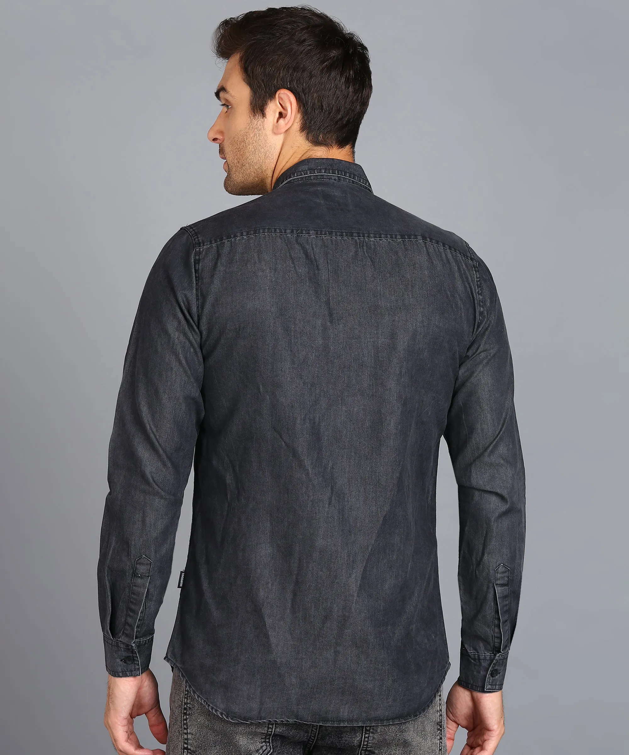 Men's Dark Grey Denim Full Sleeve Slim Fit Washed Casual Shirt