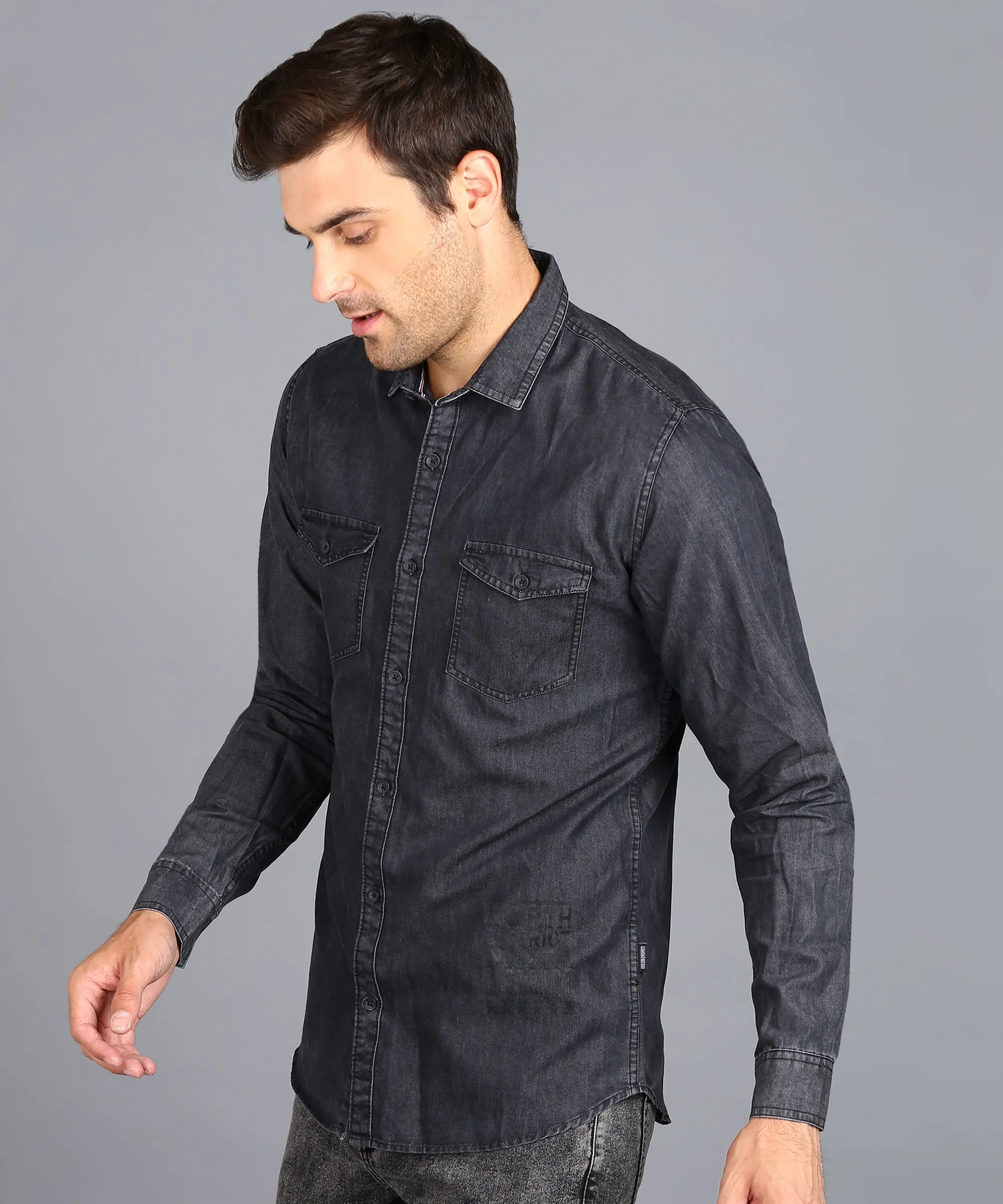 Men's Dark Grey Denim Full Sleeve Slim Fit Washed Casual Shirt