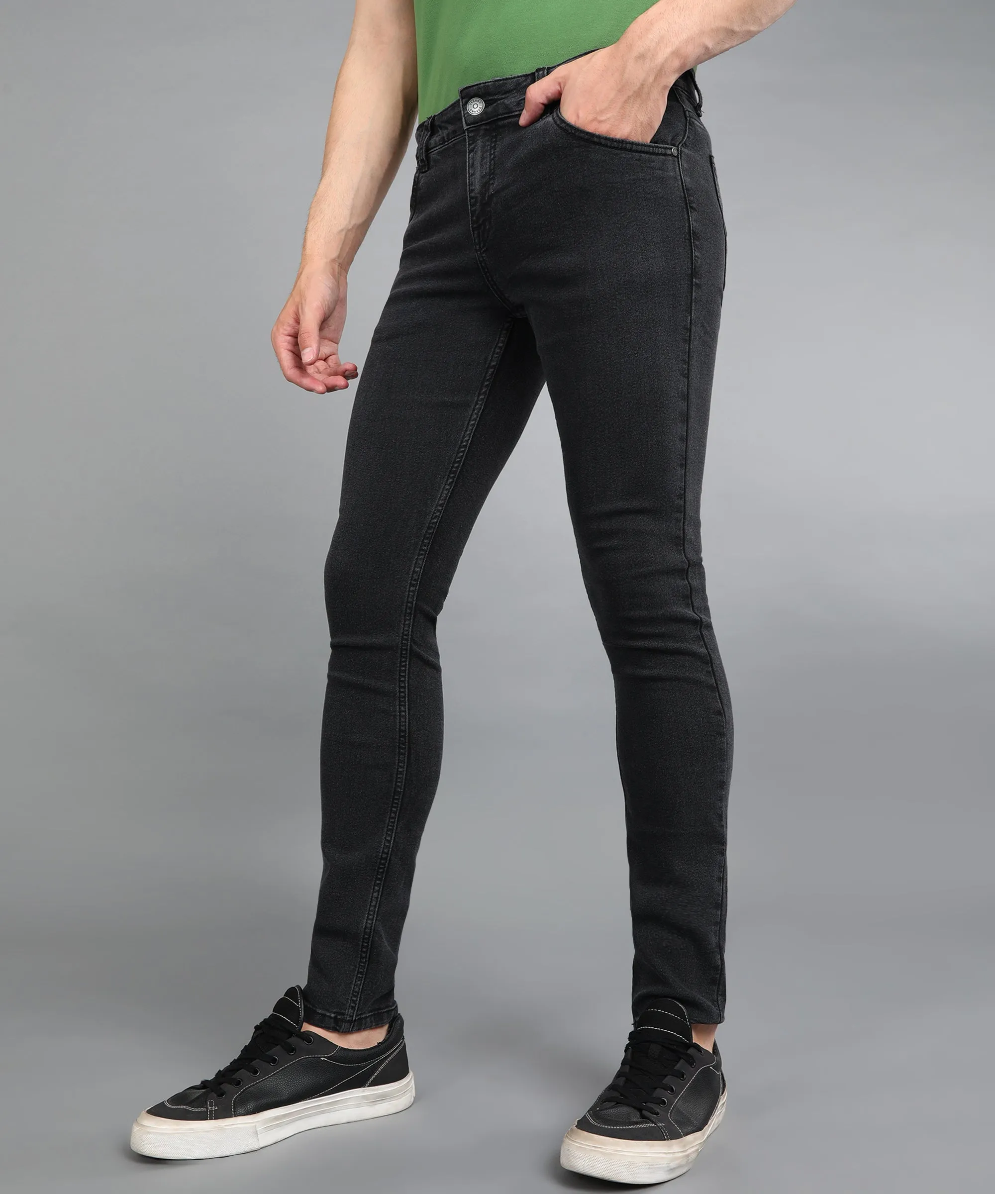 Men's Dark Grey Regular Fit Washed Jeans Stretchable