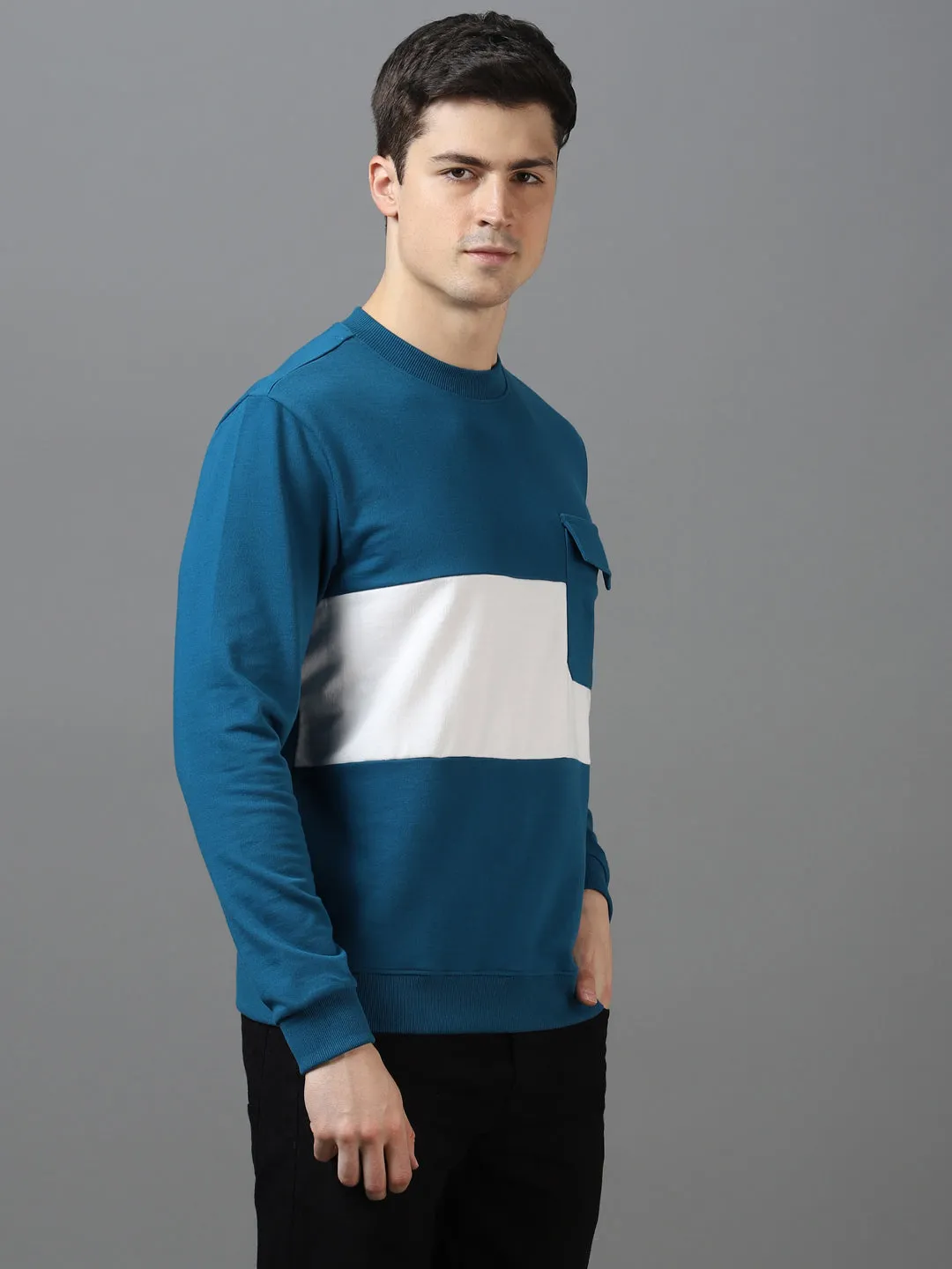 Men's Green Cotton Color Block Round Neck Sweatshirt