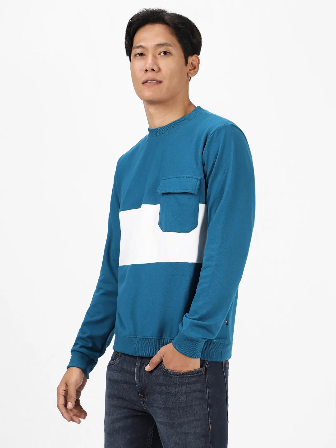 Men's Green Cotton Color Block Round Neck Sweatshirt