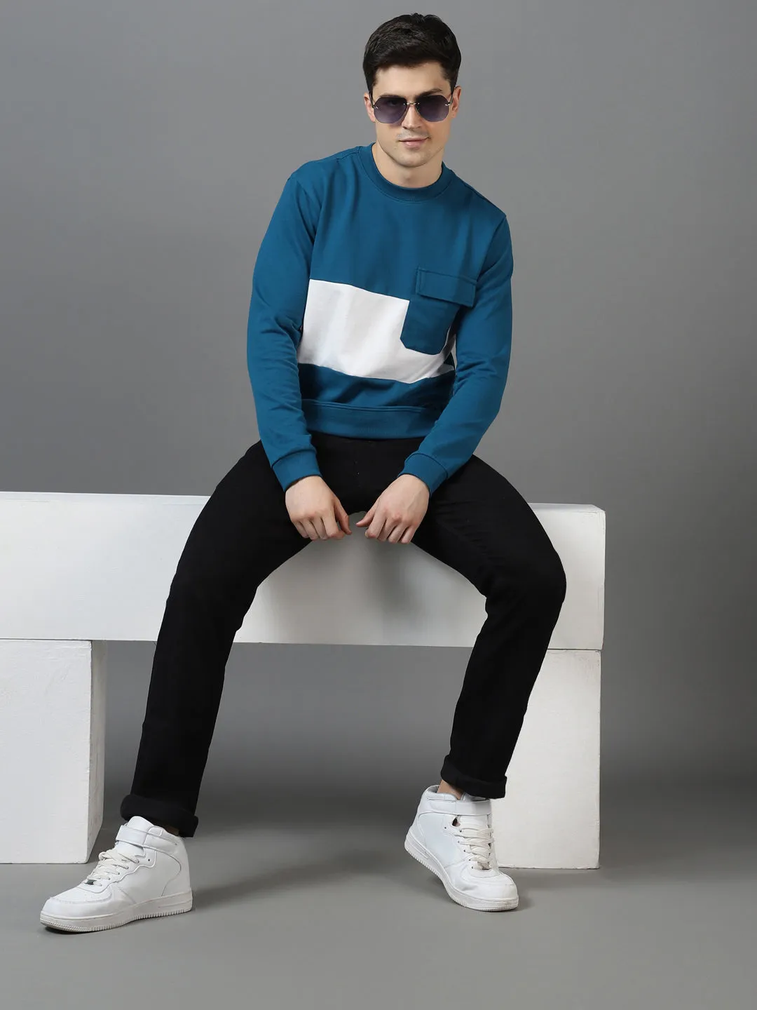 Men's Green Cotton Color Block Round Neck Sweatshirt