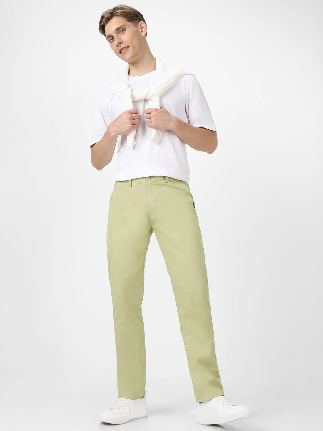 Men's Green Cotton Light Weight Non-Stretch Slim Fit Casual Trousers