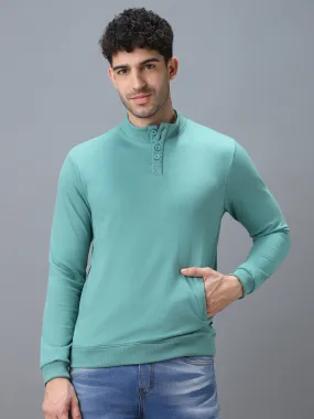 Men's Green Cotton Solid Button High Neck Sweatshirt